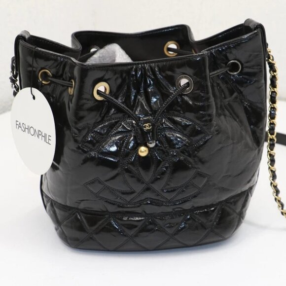 Chanel Shiny Aged Calfskin CC Chain Drawstring Bag - Black - Picture 1 of 16